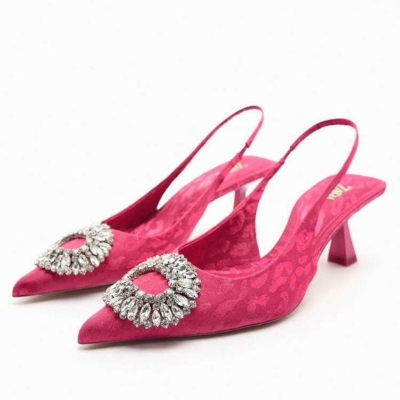 Zara luxury spring Fuchsia Jacquard Animal Print Jeweled Detail Slingback Pumps
